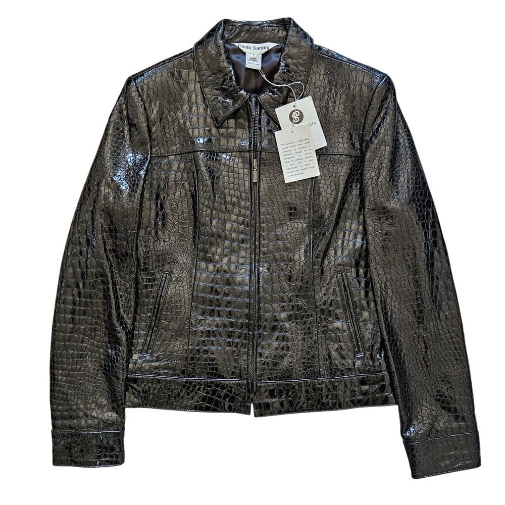 Paolo Santini Black‎ Croc Embossed Leather Jacket Shiny Zip Front Womens 8 NEW